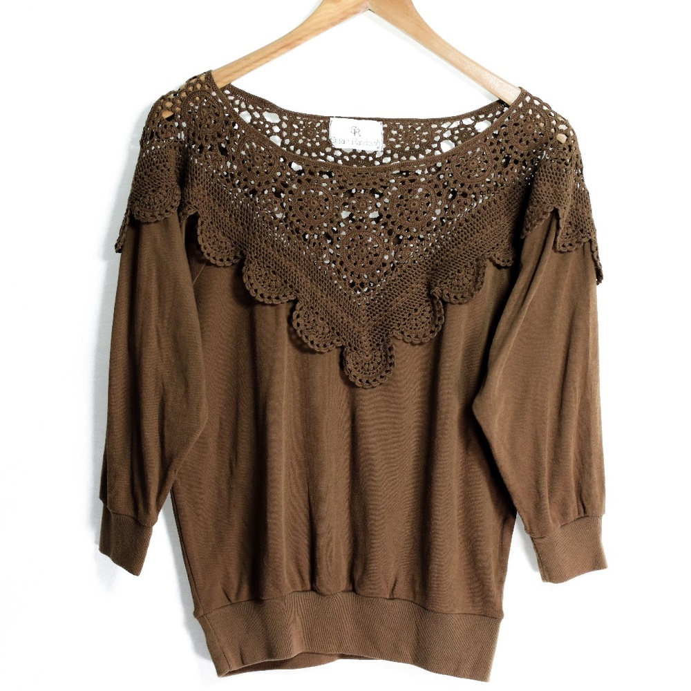 Vintage Stuart Randolph Brown Knit Crochet Doile Scallop Boat Neck Top Small